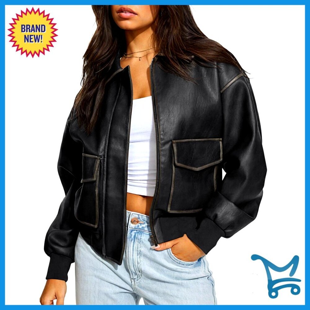 Oversized Faux Leather Motorcycle Bomber Jacket Zip Up Relaxed Fit